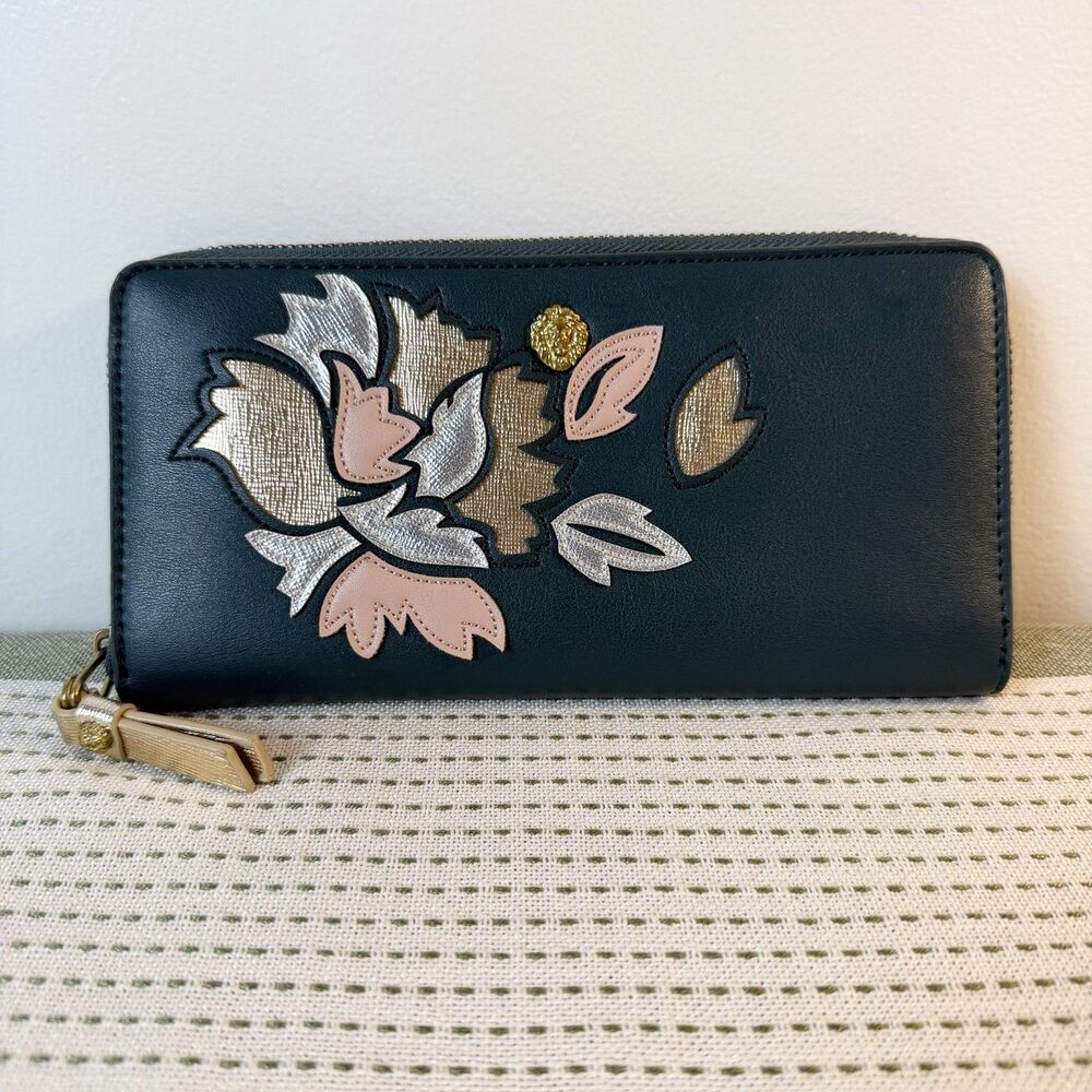 Anne Klein Teal Green Pink Floral Metallic Zipper Wallet NWT